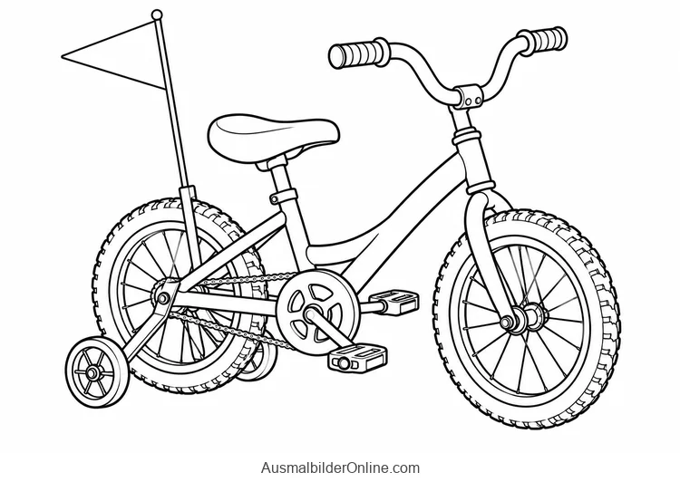 Kinderfahrrad mit zwei Stützrädern und einer Wimpelfahne