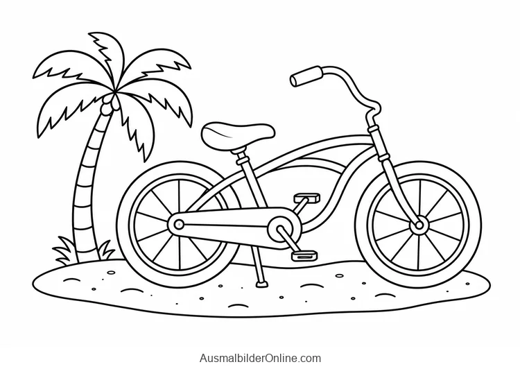 Strandfahrrad mit geschwungenem Rahmen und breiten Reifen neben einer Palme