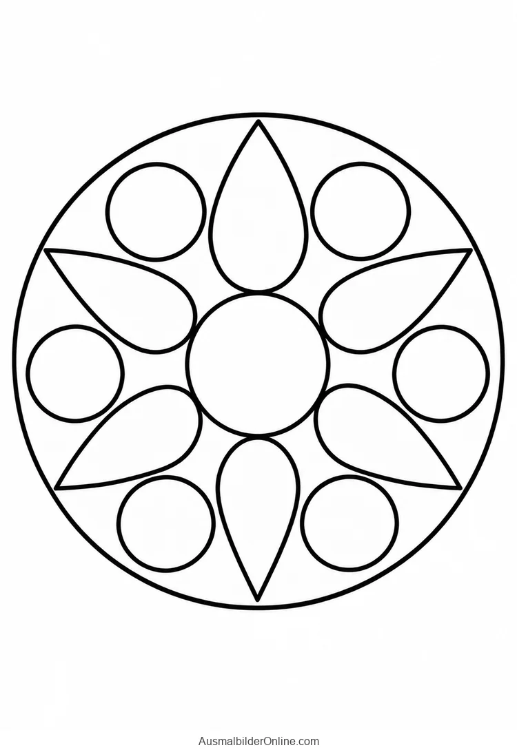 Sechs Tropfenformen wechseln sich mit sechs Kreisen in einem Mandala ab