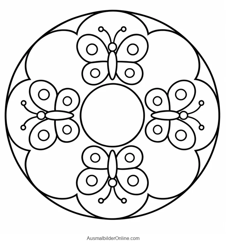 Vier Schmetterlinge bilden ein Mandala um einen runden Mittelpunkt