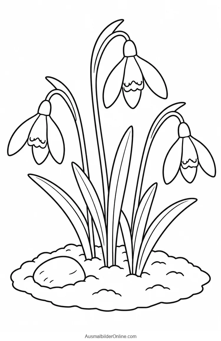 Drei Schneeglöckchen mit hängenden Blüten neben einem Stein