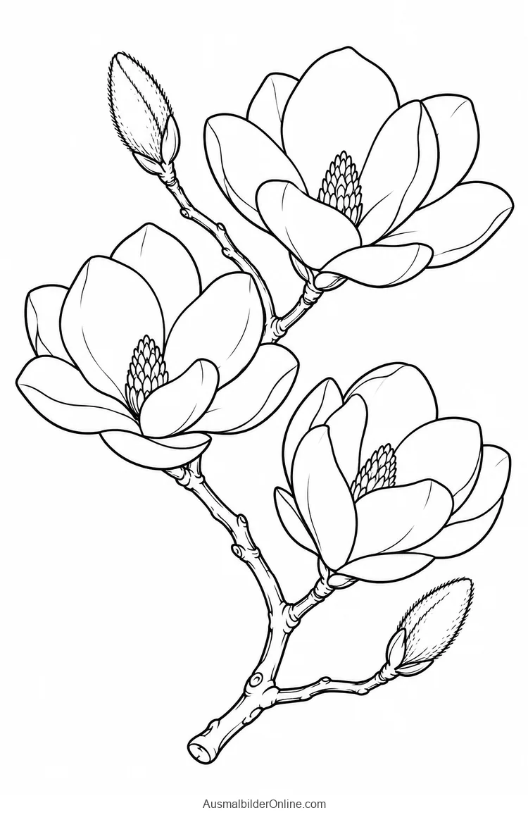Magnolienzweig mit drei großen schalenförmigen Blüten und zwei Knospen
