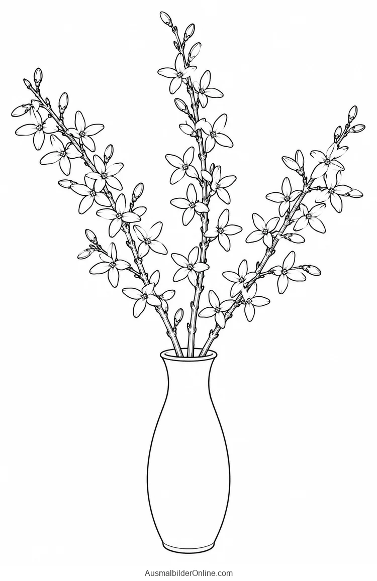 Drei blühende Forsythienzweige in einer schlanken Vase