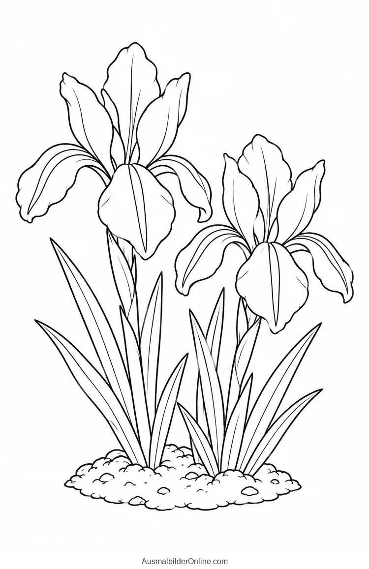 Zwei niedrige Netzblatt-Irisblüten zwischen schmalen Blättern