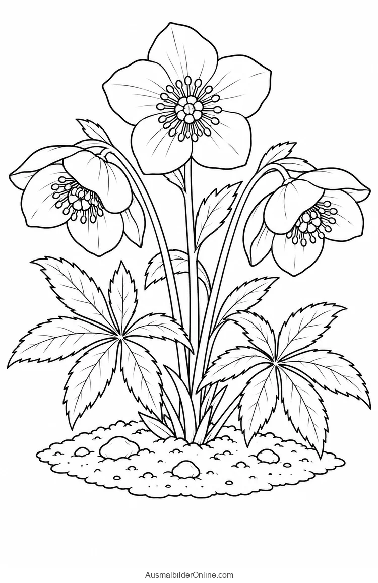 Lenzrose mit drei großen Blüten und geteilten Blättern