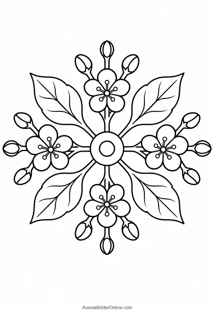 Vier Blütenzweige mit Knospen und Blättern um einen kleinen Kreis