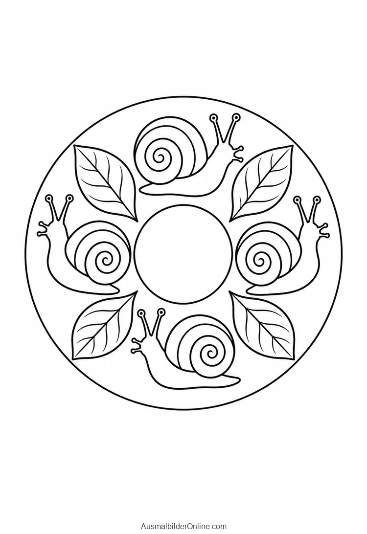 Vier Schnecken mit Spiralhäusern und Blättern als Kreismuster