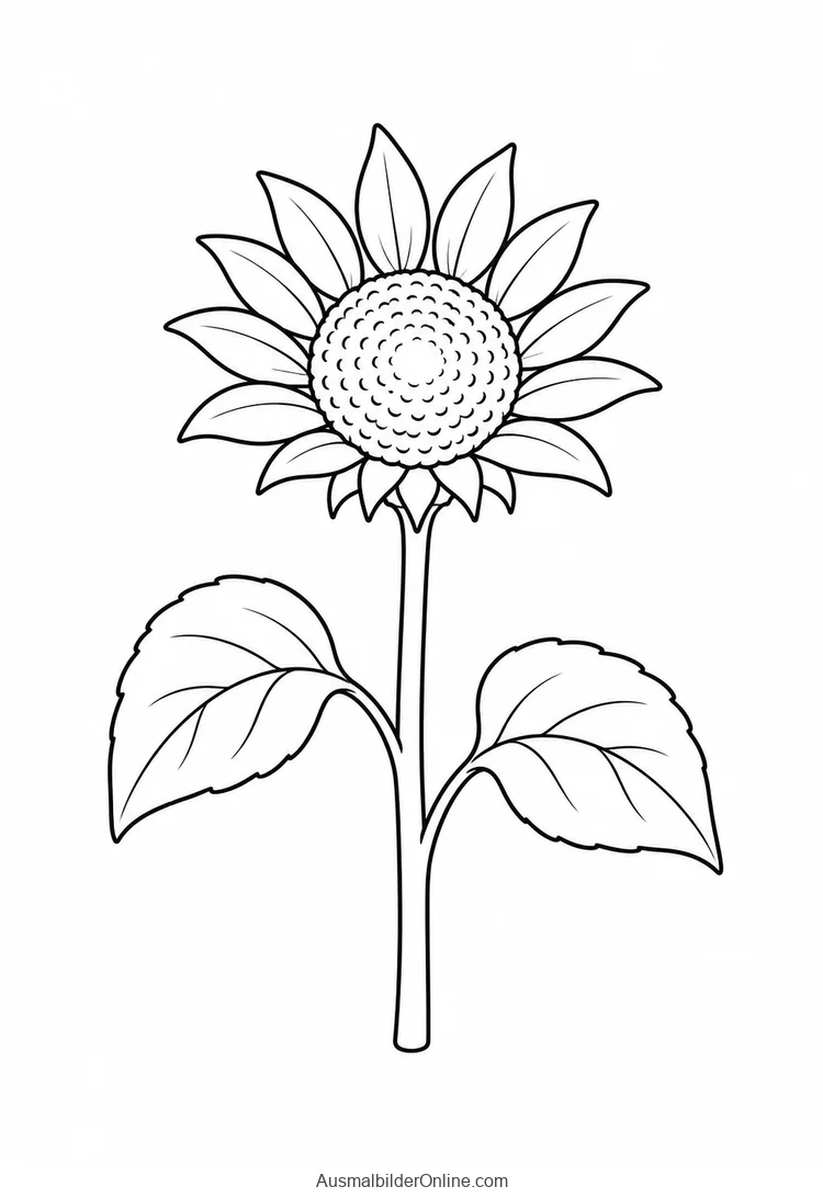 Offene Sonnenblumenblüte mit rundem Blütenkorb und zwei großen Blättern