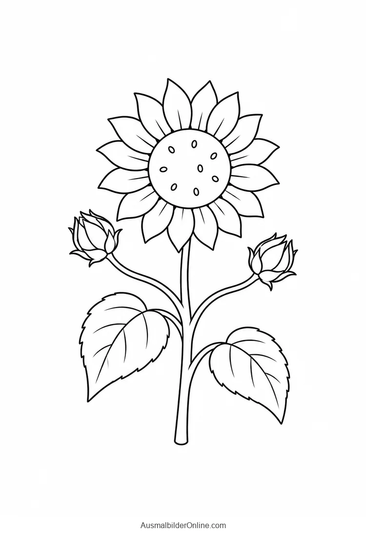 Verzweigte Sonnenblume mit offener Mittelblüte und zwei seitlichen Knospen