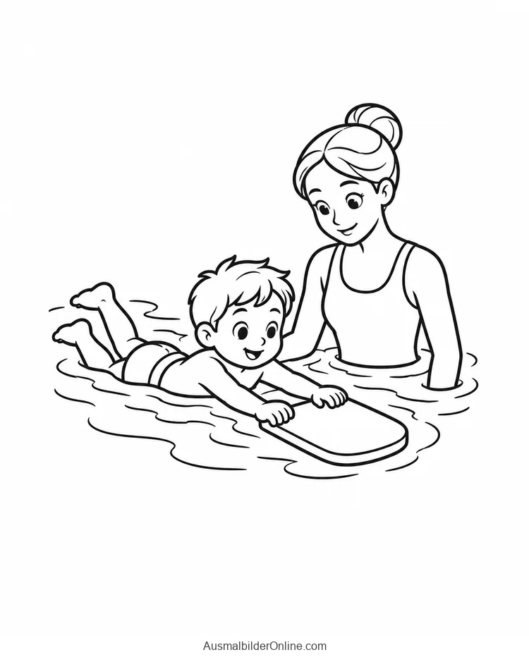 Ein Kind hält sich an einem Schwimmbrett fest, während eine Erwachsene im Wasser danebensteht