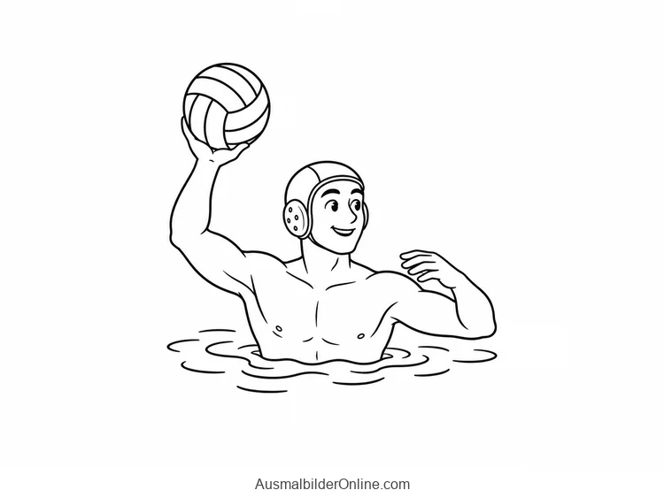 Ein Wasserballspieler mit Schutzkappe hält einen Ball über dem Kopf