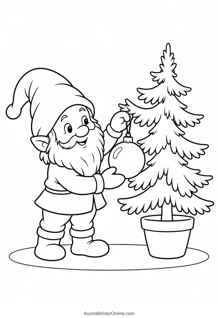 Wichtel hängt eine große Weihnachtskugel an einen kleinen Tannenbaum