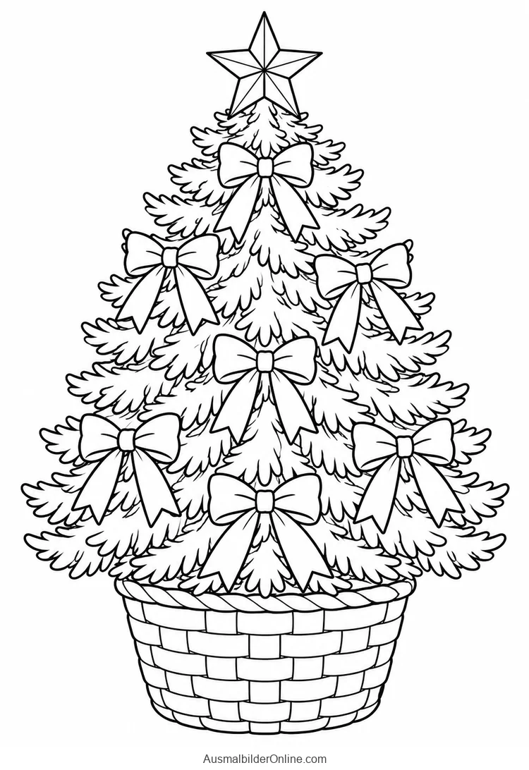 Weihnachtsbaum mit breiten Schleifen im geflochtenen Korb ohne Geschenke