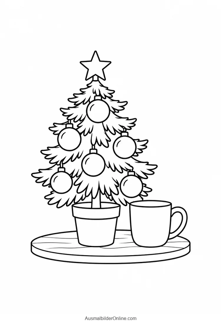 Kleiner geschmückter Tischweihnachtsbaum neben einer Tasse auf rundem Tisch