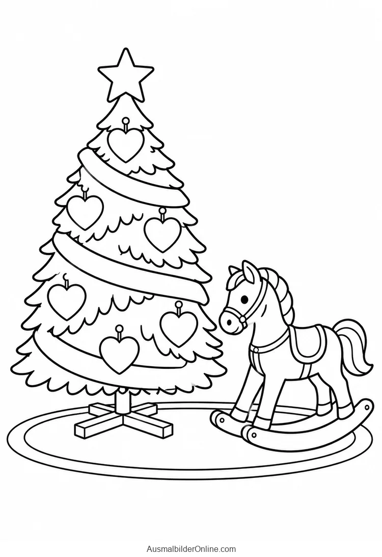 Geschmückter Weihnachtsbaum neben einem hölzernen Schaukelpferd auf ovaler Matte