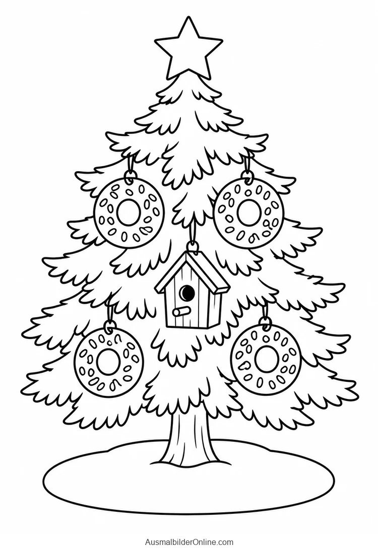 Weihnachtsbaum im Schnee mit Futterringen und Vogelhäuschen ohne Vögel