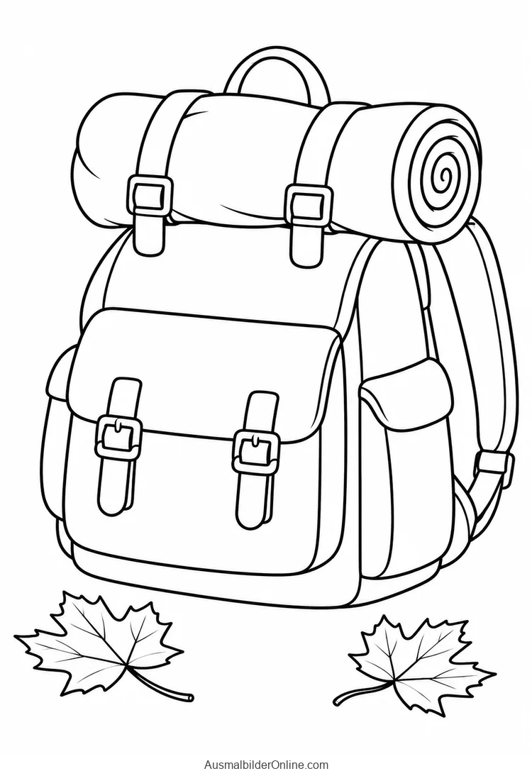 Großer Rucksack mit gerollter Matte und zwei Blättern am Boden