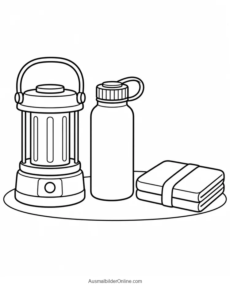 Campinglaterne neben Thermosflasche und gefalteter Decke
