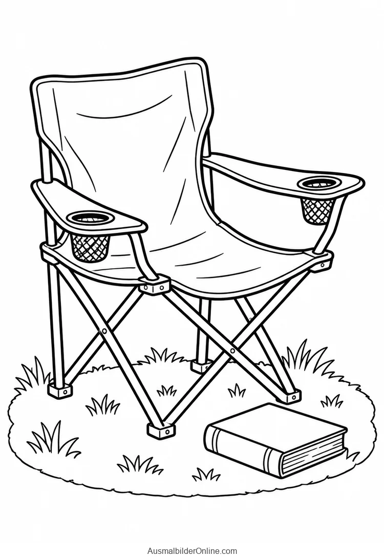 Campingklappstuhl mit Getränkehaltern und Buch auf dem Gras
