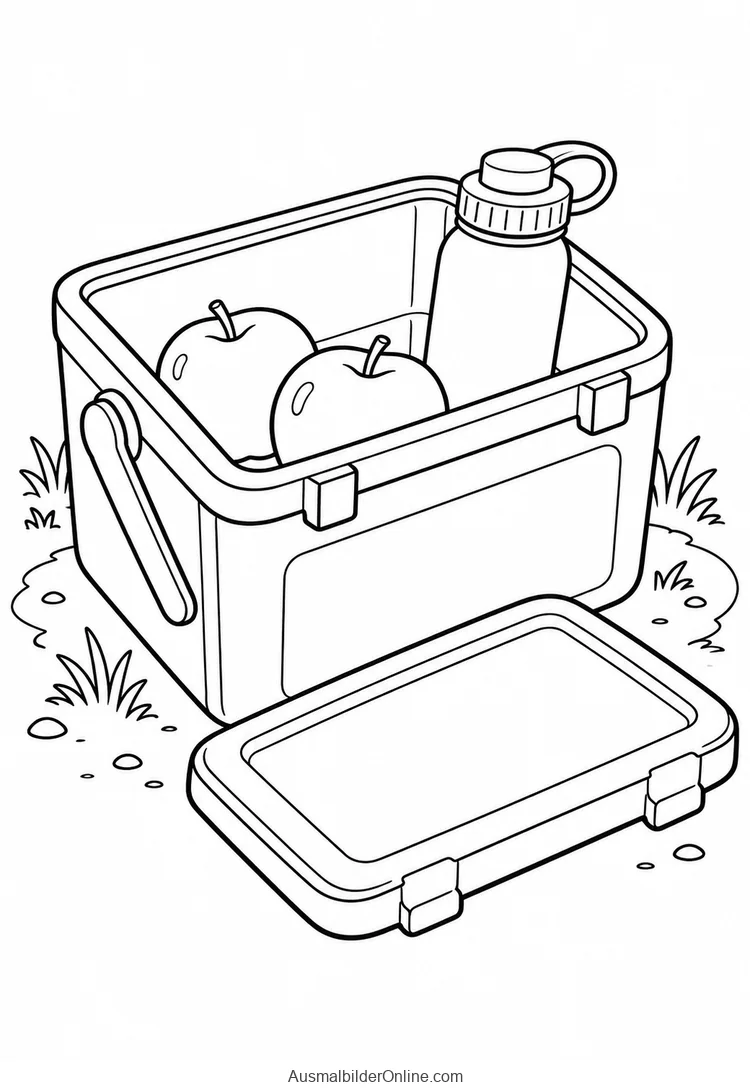 Offene Kühlbox mit zwei Äpfeln und Flasche neben abgenommenem Deckel