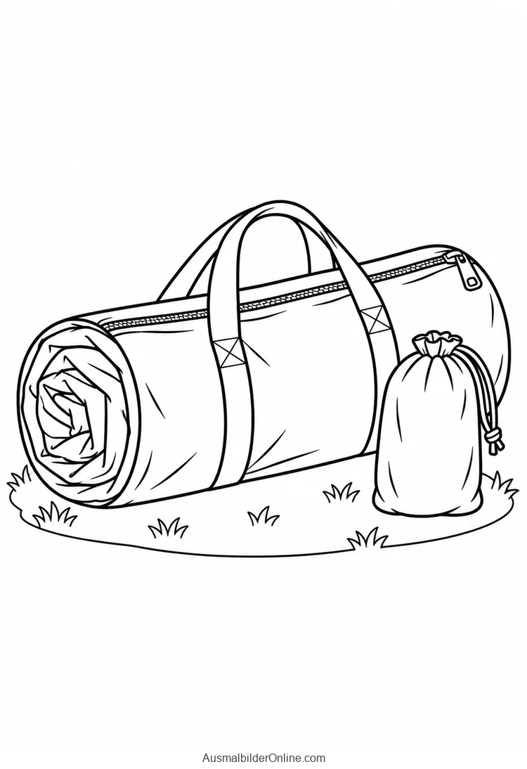 Gerollter Schlafsack mit Tragegurten neben einem Zugbeutel