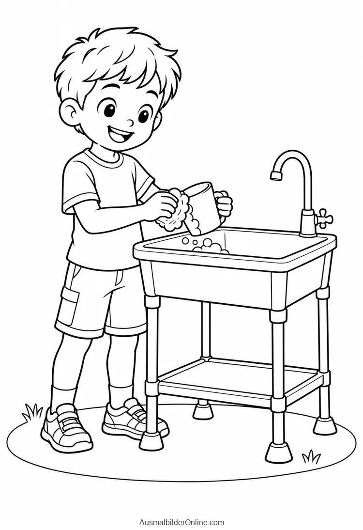 Junge reinigt einen Becher mit Schwamm am Campingwaschbecken