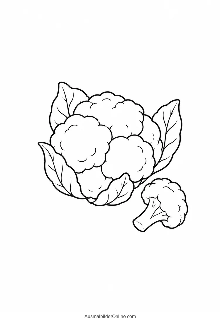 Ein Blumenkohl mit vier breiten Blättern und einem einzelnen kleinen Röschen daneben