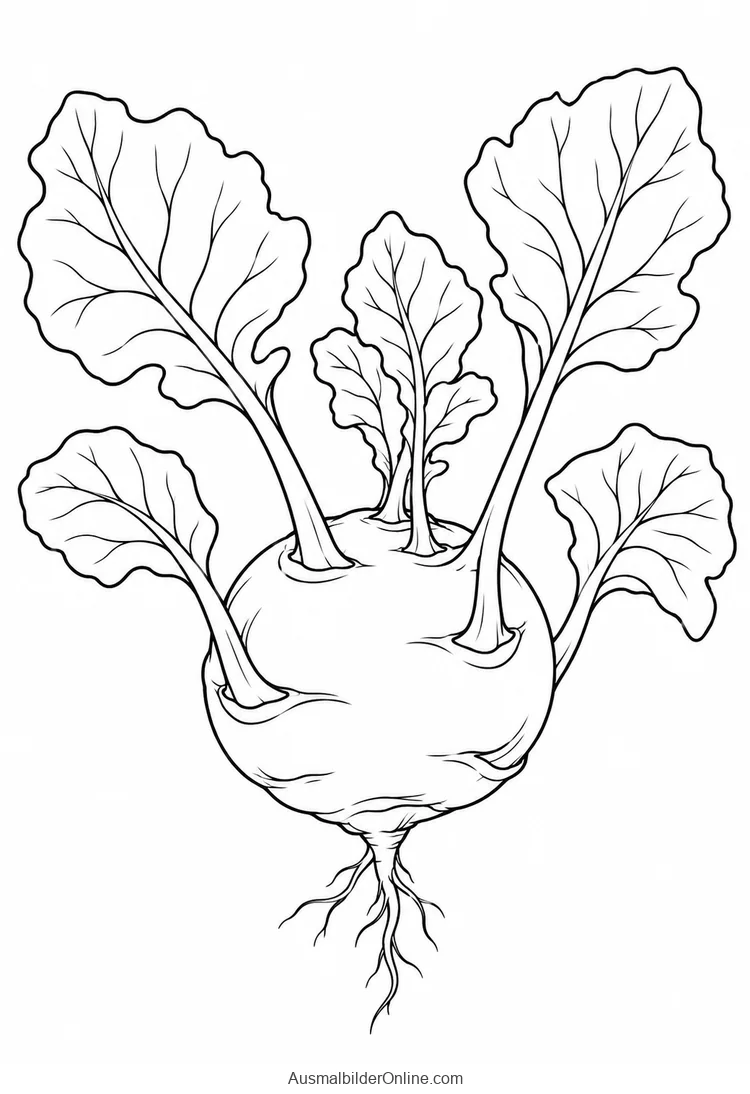 Ein Kohlrabi mit fünf Blättern an langen Stielen und feinen Wurzeln