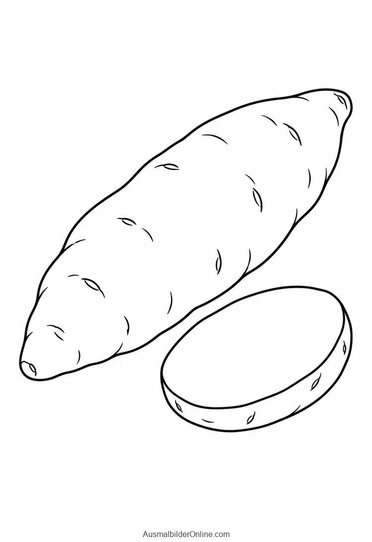 Eine ganze Süßkartoffel liegt neben einer dicken Scheibe