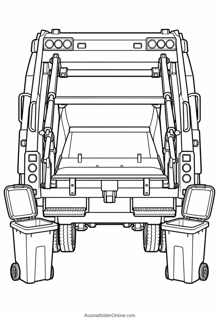 Müllwagen in Heckansicht zwischen zwei geöffneten Mülltonnen