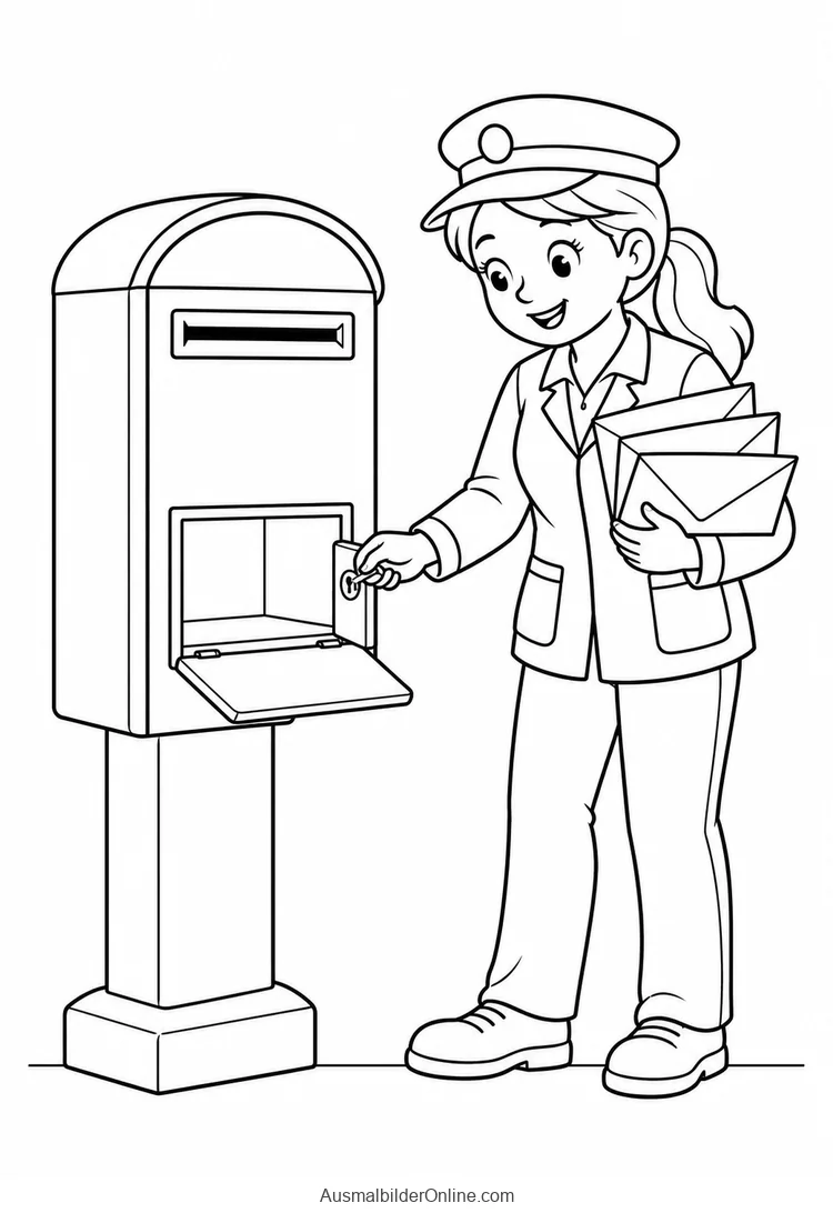 Eine Postbotin öffnet einen Briefkasten mit einem Schlüssel und hält Briefe