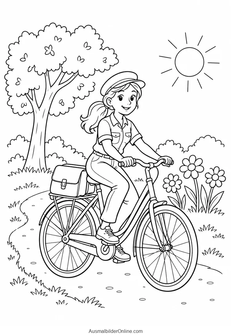 Eine Postbotin fährt mit einer Posttasche auf dem Fahrrad durch eine sonnige Landschaft