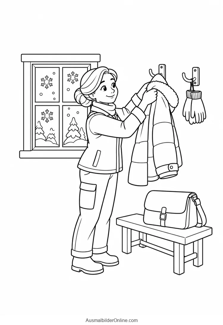 Eine Postbotin nimmt eine Winterjacke vom Haken neben einem verschneiten Fenster