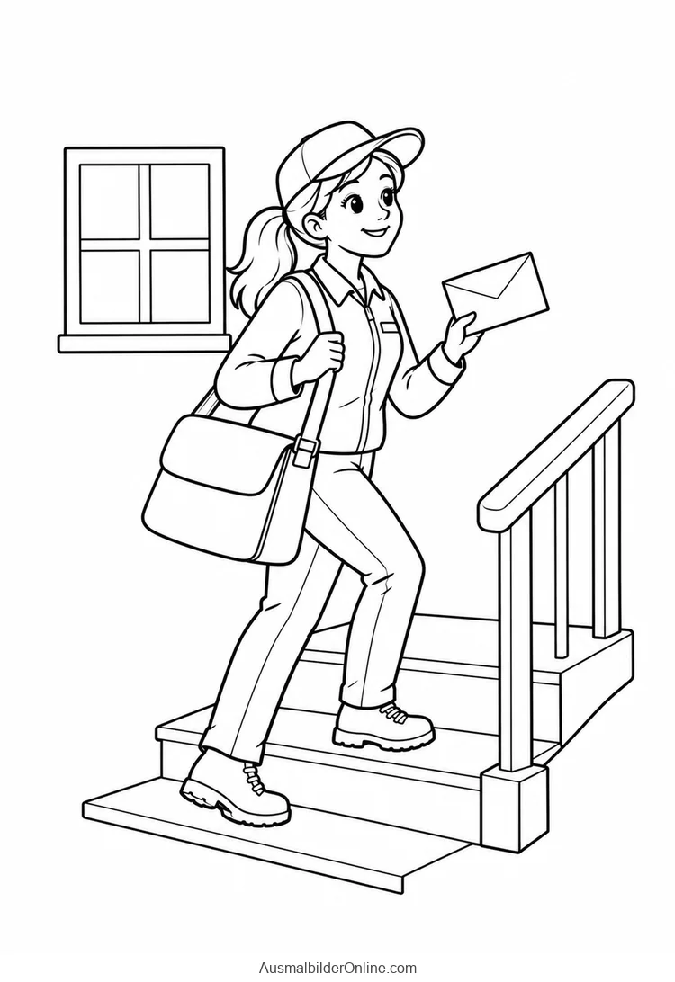 Eine Postbotin geht mit einem Brief und einer Posttasche eine Treppe hinauf