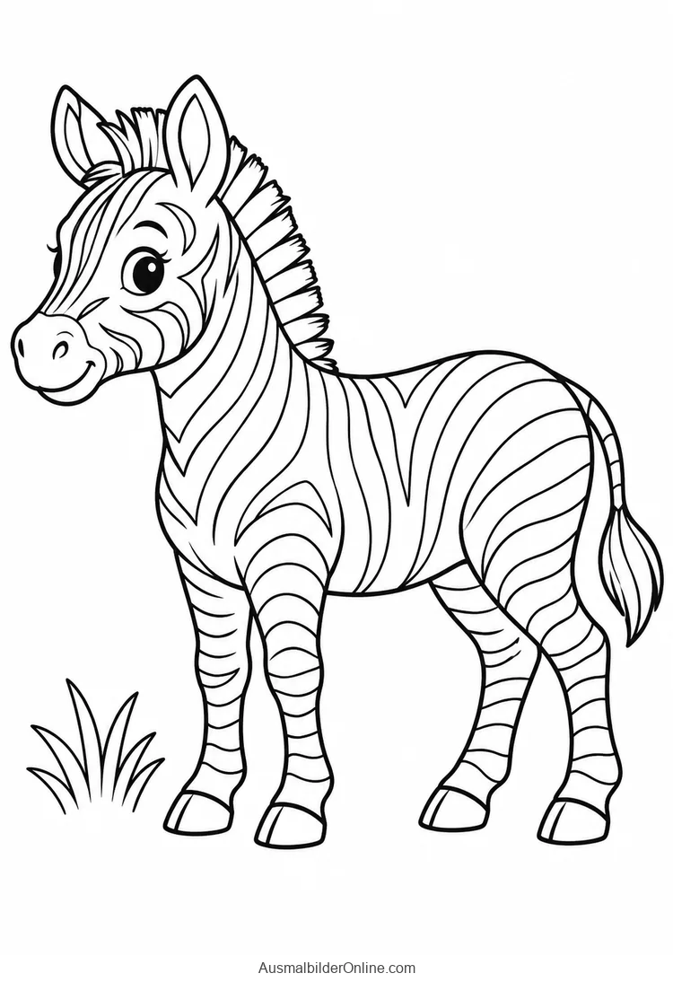 Ein Zebra steht mit dunklen Streifen auf einer Grasfläche.