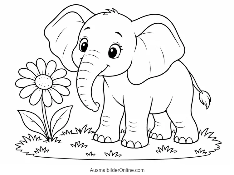 Ein junger Elefant steht neben einer Blume.