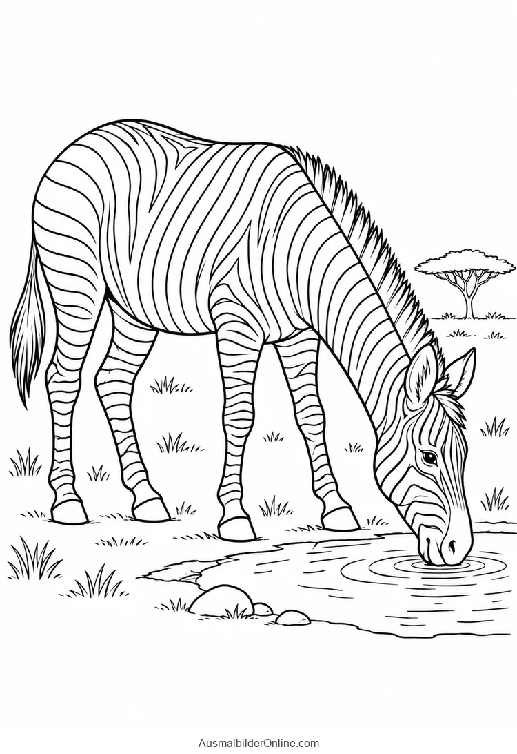 Ein Zebra trinkt an einem Wasserloch.