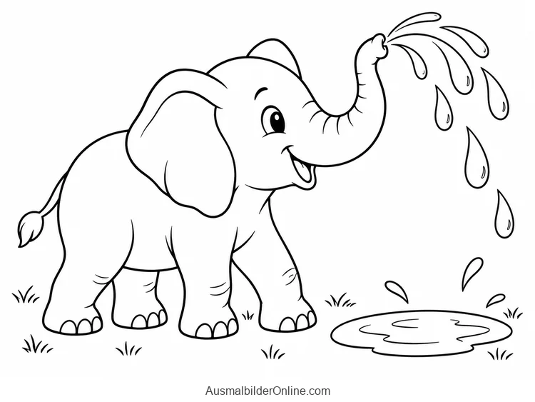 Ein Elefant spritzt einen Bogen großer Wassertropfen aus seinem Rüssel.