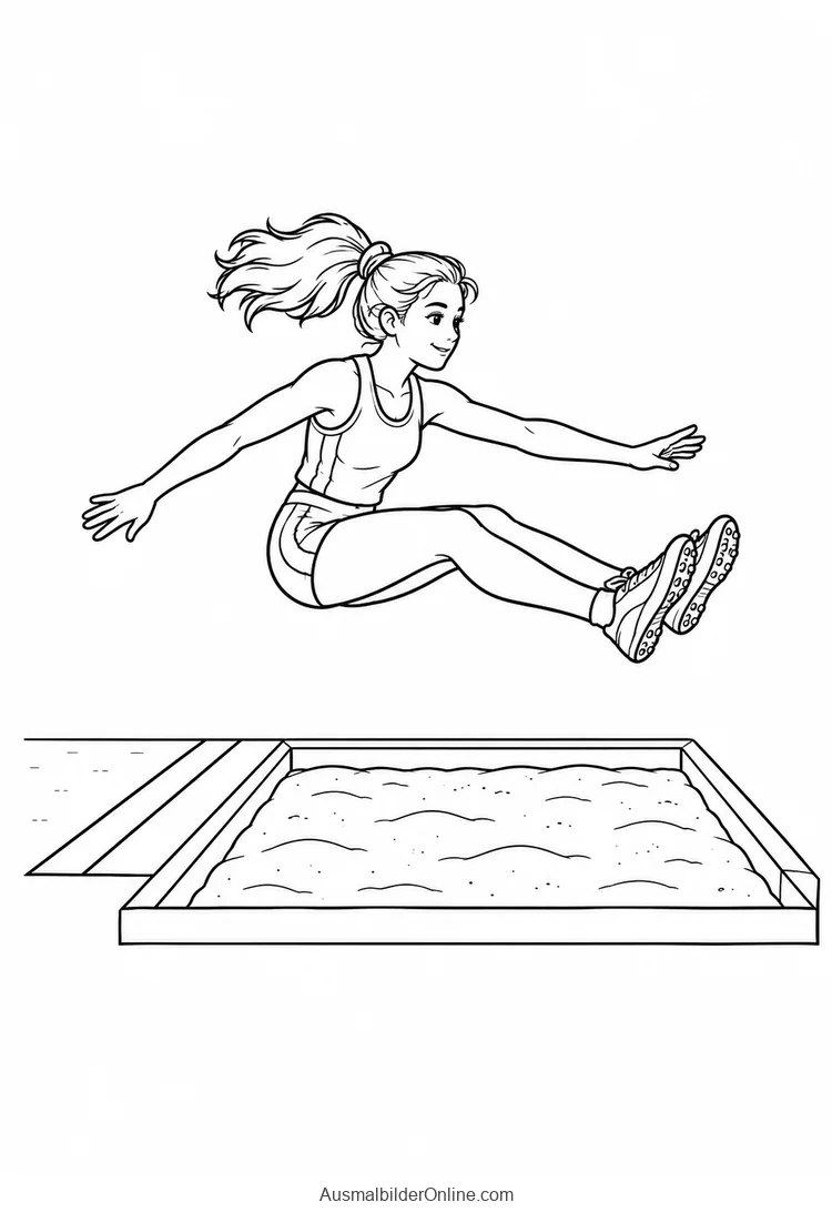 Sportlerin springt über eine Weitsprunggrube mit Sand
