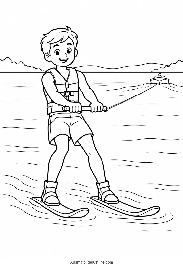 Wasserskifahrer mit Schwimmweste hält ein Zugseil hinter einem Boot