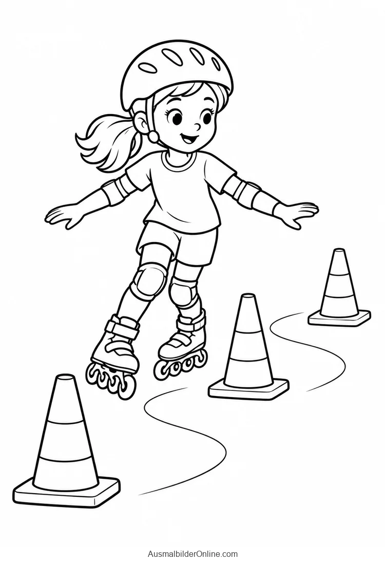 Inline-Skaterin mit Helm und Schonern fährt zwischen drei Kegeln