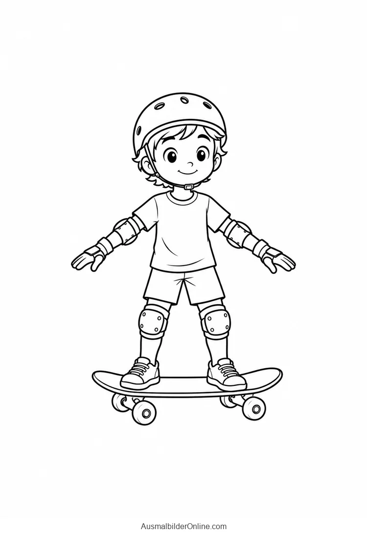 Ein Kind mit Helm, Knie- und Armschonern steht auf einem Skateboard