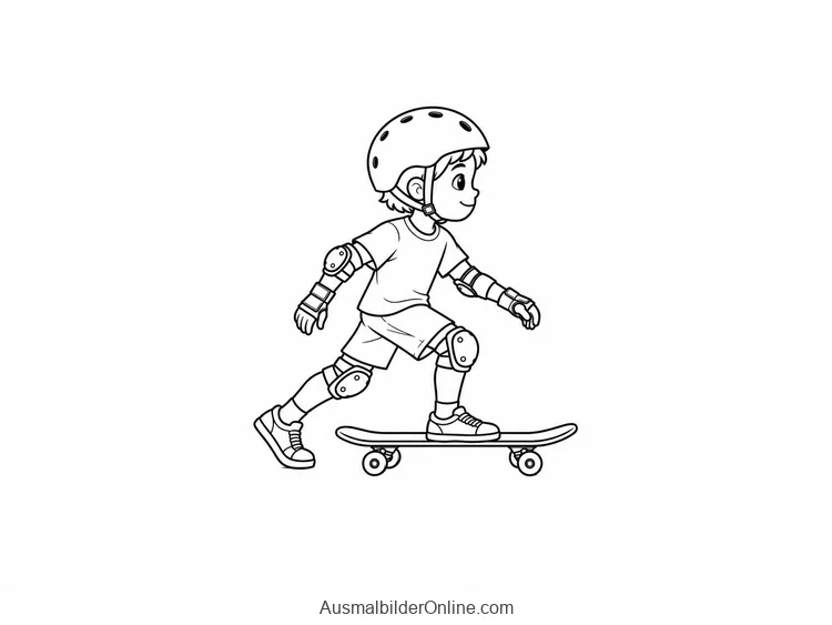 Ein Kind mit Helm stößt sich mit einem Fuß ab, während der andere auf dem Skateboard steht