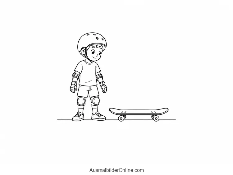 Ein Kind mit Helm und Schonern steht neben einem Skateboard