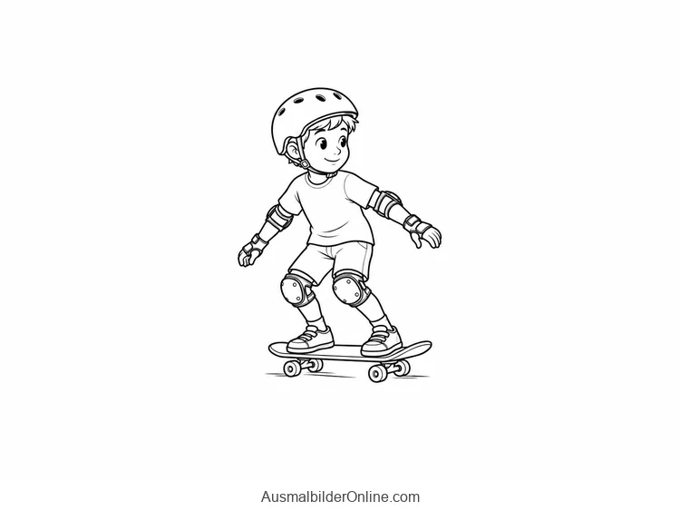 Ein Kind mit Helm fährt mit leicht gebeugten Knien auf einem Skateboard