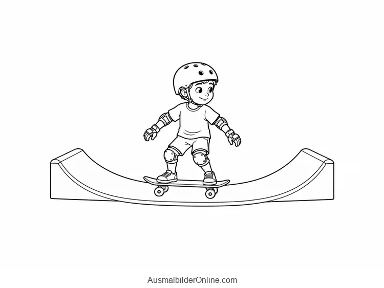 Ein Kind mit Helm und Schonern steht mit dem Skateboard auf einer kleinen gebogenen Rampe