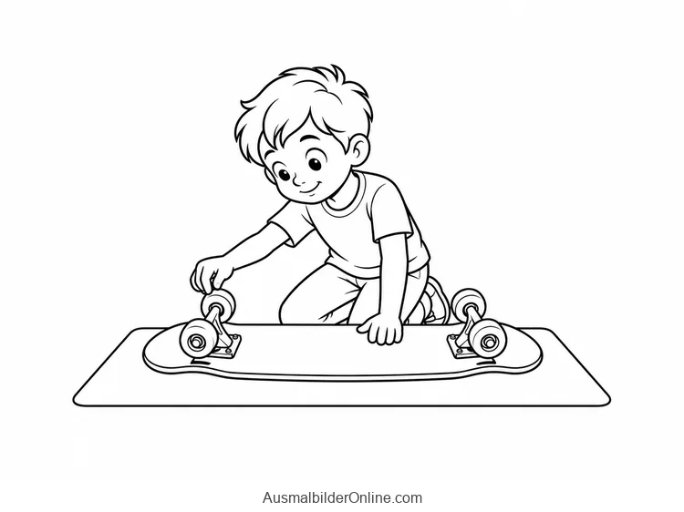 Ein Kind beugt sich über ein umgedrehtes Skateboard und hält ein Werkzeug an eine Rolle