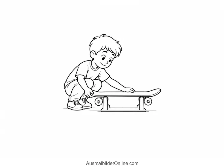 Ein Kind hockt neben einem Skateboard und betrachtet das Board