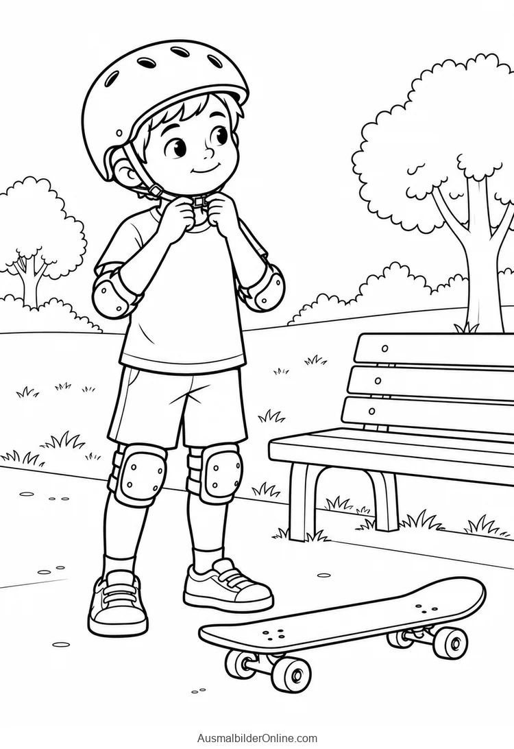 Ein Kind mit Helm und Schonern schließt den Kinnriemen neben einem Skateboard