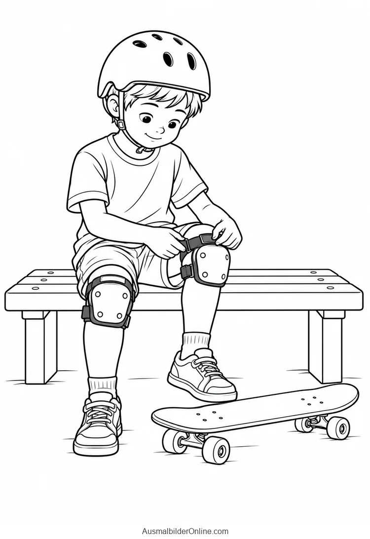 Ein Kind sitzt auf einer Bank und befestigt einen Knieschoner, das Skateboard liegt davor